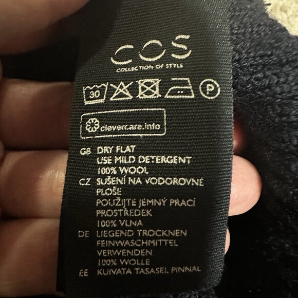 Cos Sweater Women’s XS Navy Blue 100% Wool Knit Mock Neck Ribbed *Flaw - Picture 9 of 13